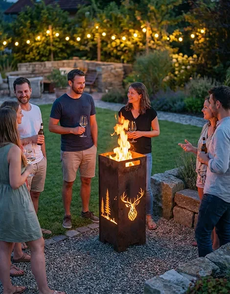 Feuersäule bei einem Event im Garten bei einer gemütlichen Abendstimmung